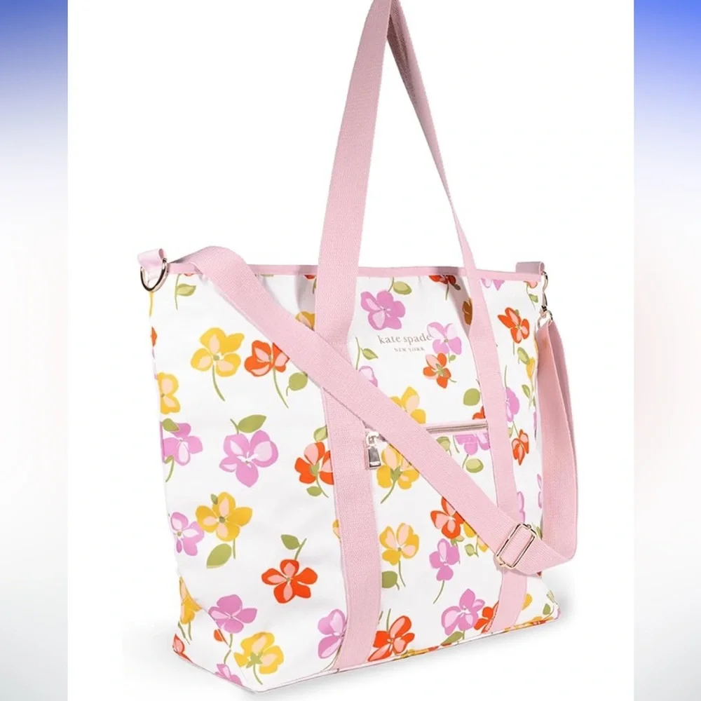 Kate Spade Cooler Tote Bag Spring Pansies Pink Pattern Zip Top 15.5 X 19.5 NWT